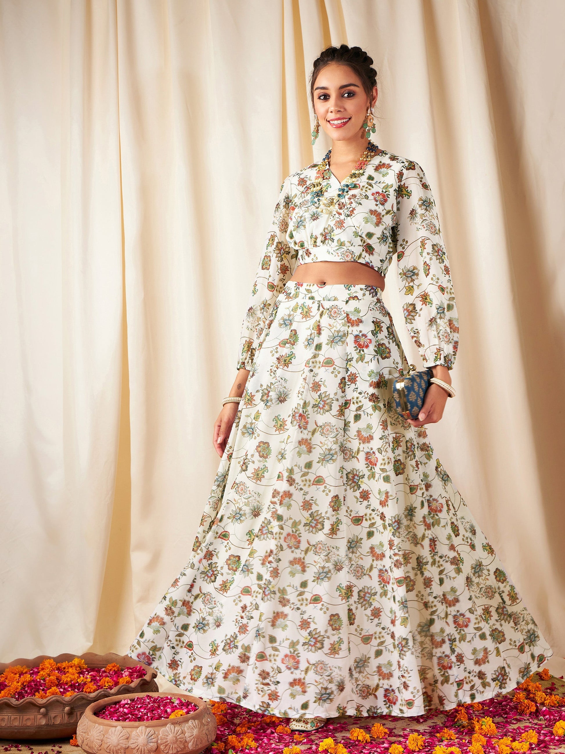 Beige Floral Wrap Top With Anarkali Skirt-Shae by SASSAFRAS