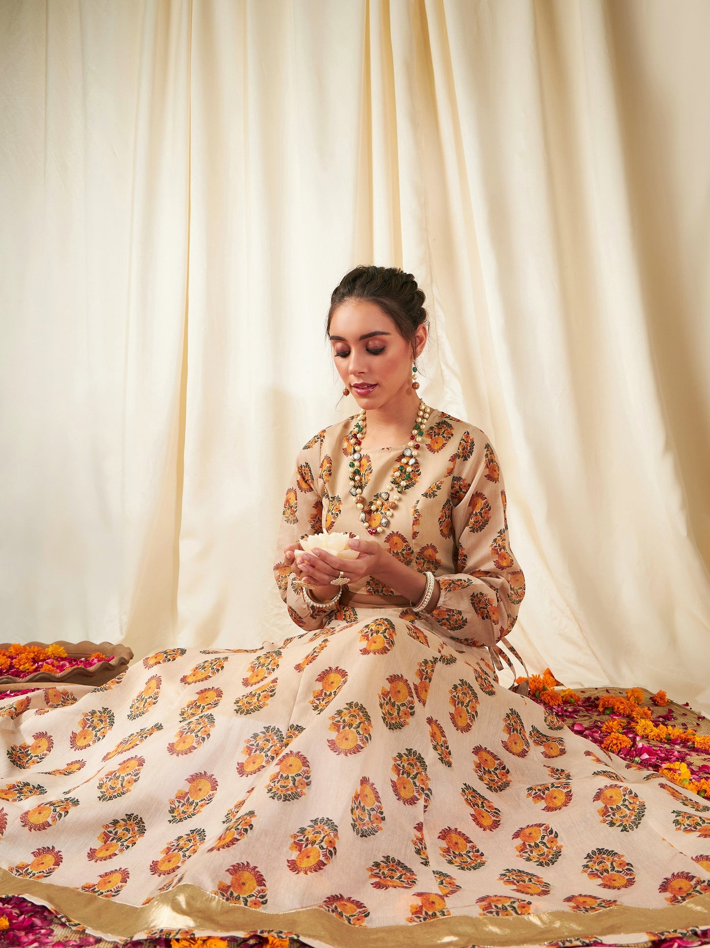 Beige Floral Crop Top With Anarkali Skirt