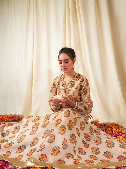 Beige Floral Crop Top With Anarkali Skirt