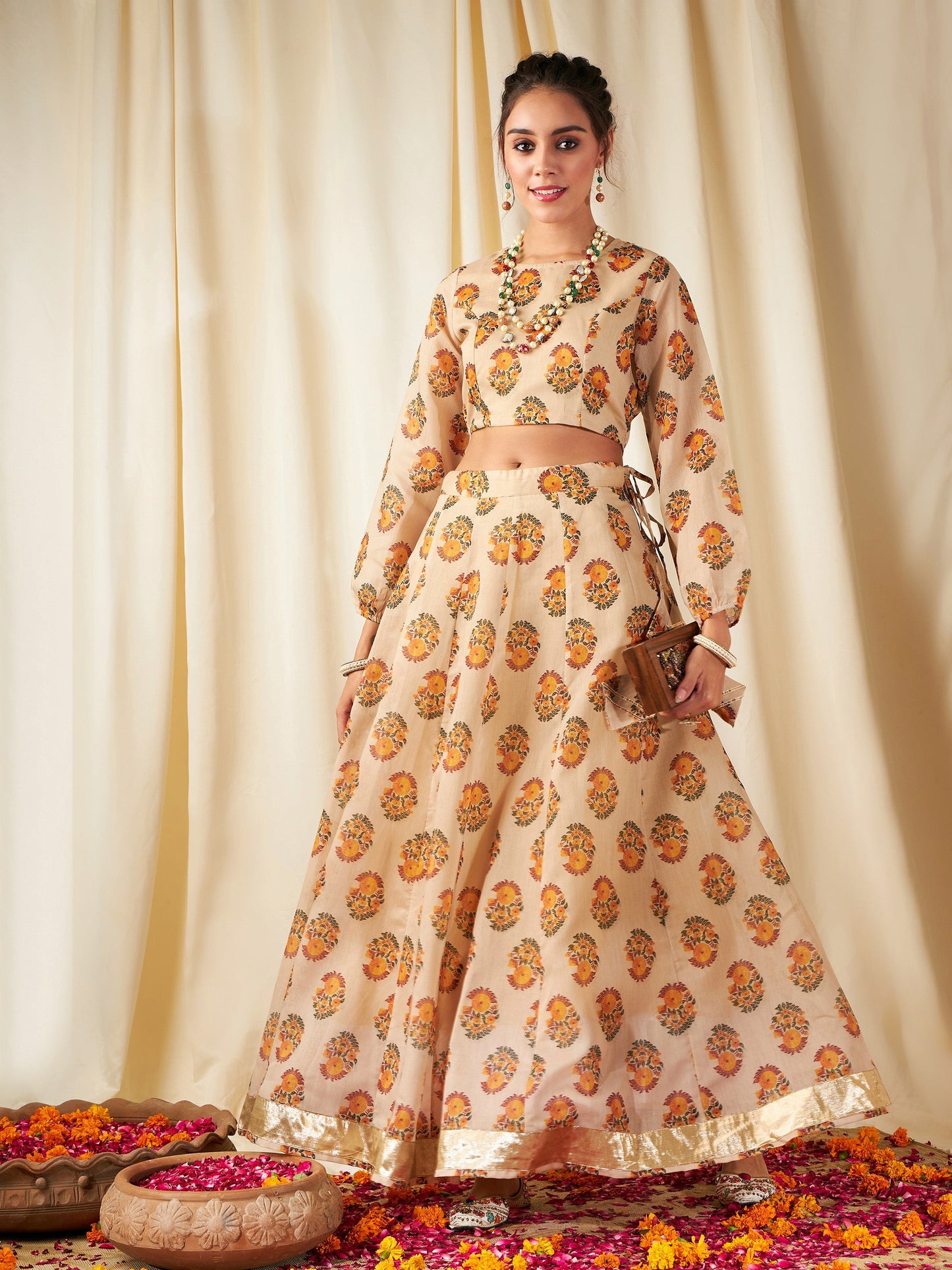 Beige Floral Crop Top With Anarkali Skirt