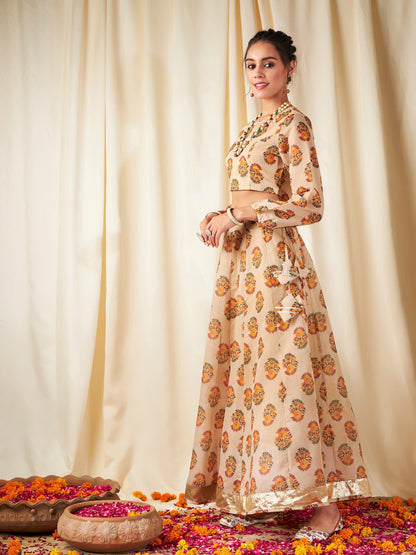 Beige Floral Crop Top With Anarkali Skirt