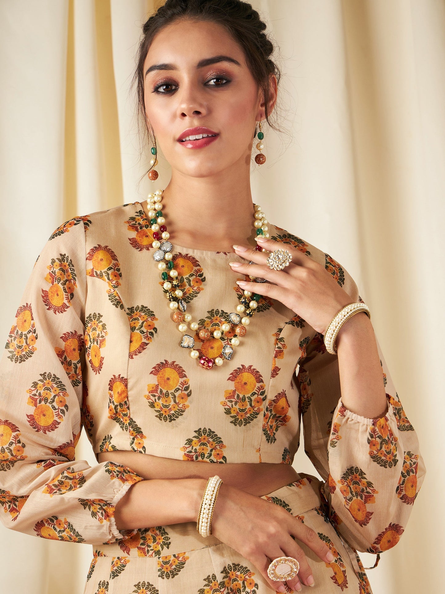 Beige Floral Crop Top With Anarkali Skirt