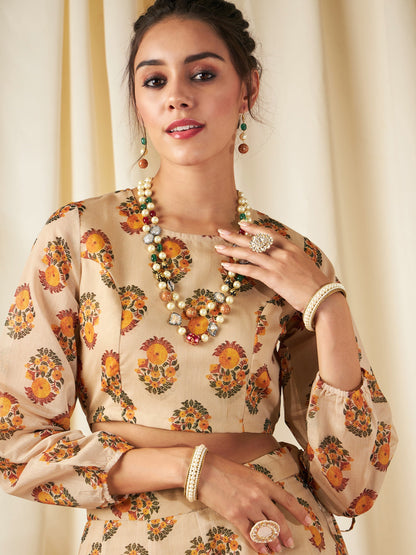 Beige Floral Crop Top With Anarkali Skirt