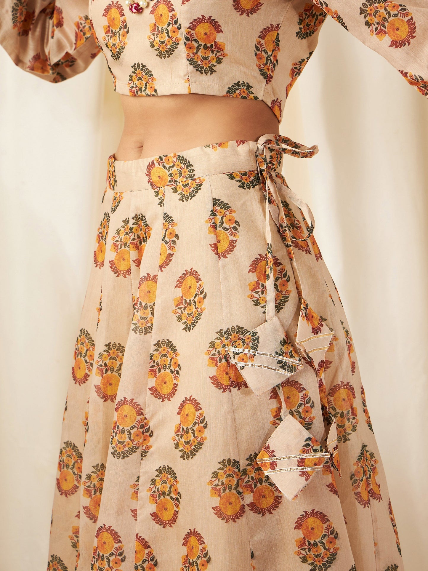 Beige Floral Crop Top With Anarkali Skirt