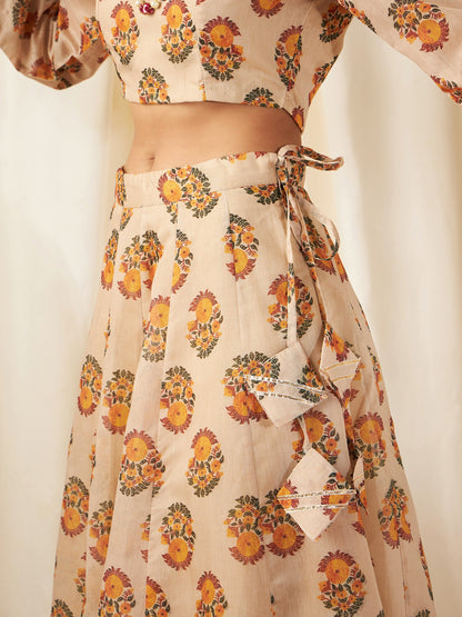 Beige Floral Crop Top With Anarkali Skirt