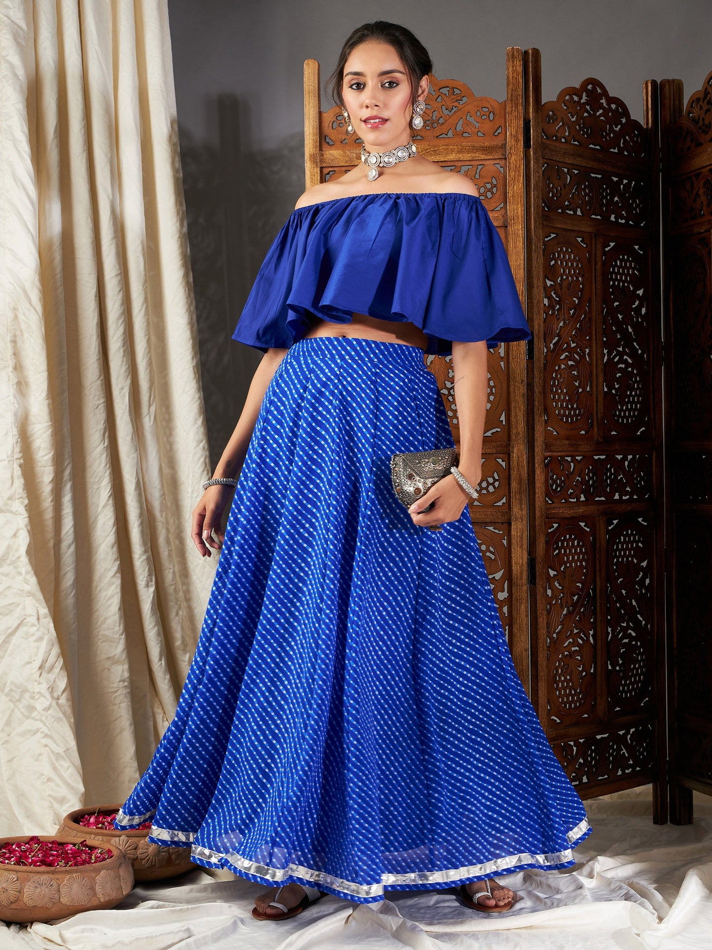 Blue Lehariya Off Shoulder Crop Top With Anarkali Skirt