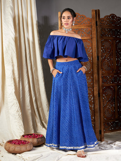 Blue Lehariya Off Shoulder Crop Top With Anarkali Skirt