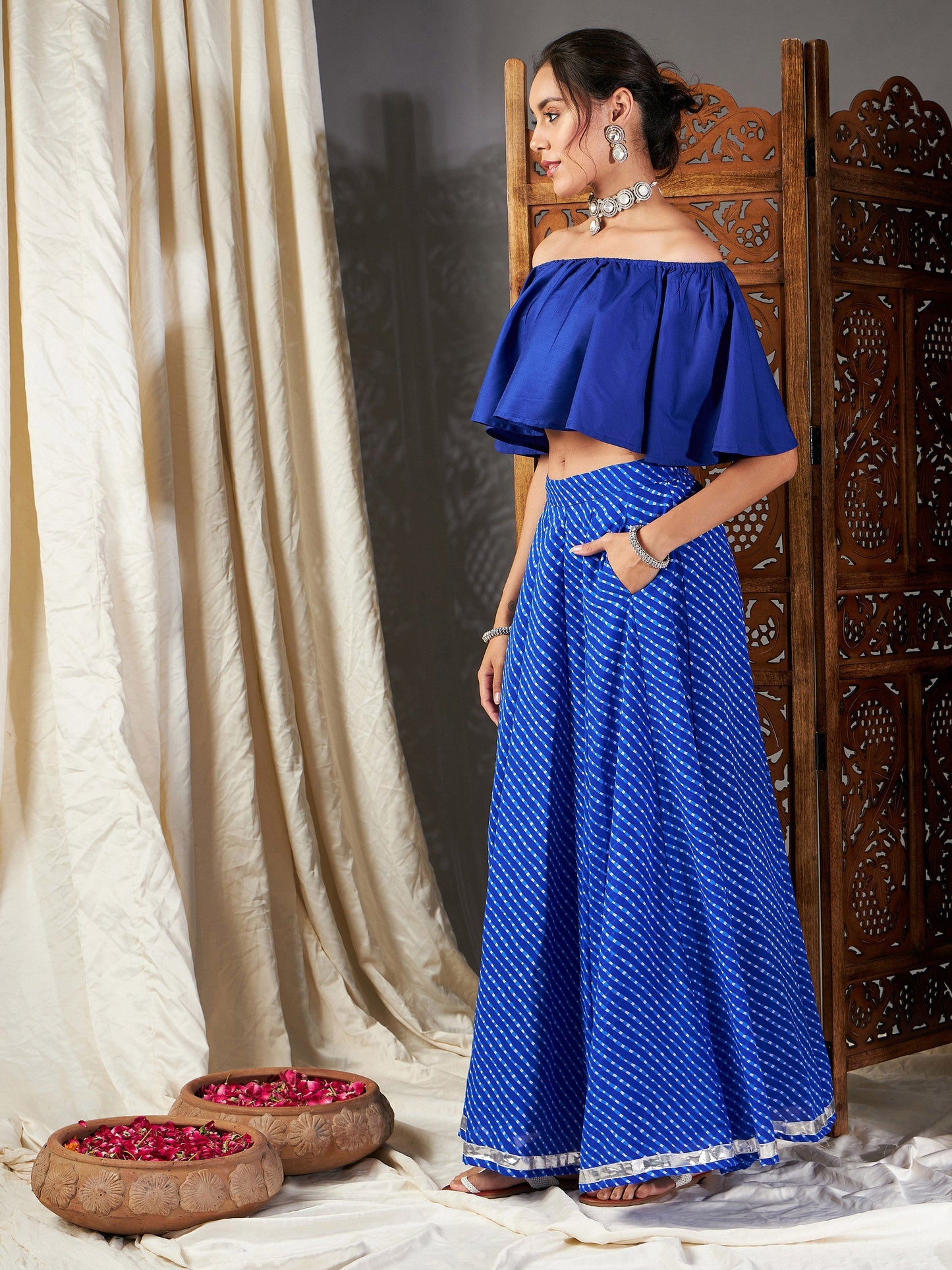 Blue Lehariya Off Shoulder Crop Top With Anarkali Skirt