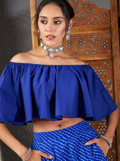 Blue Lehariya Off Shoulder Crop Top With Anarkali Skirt