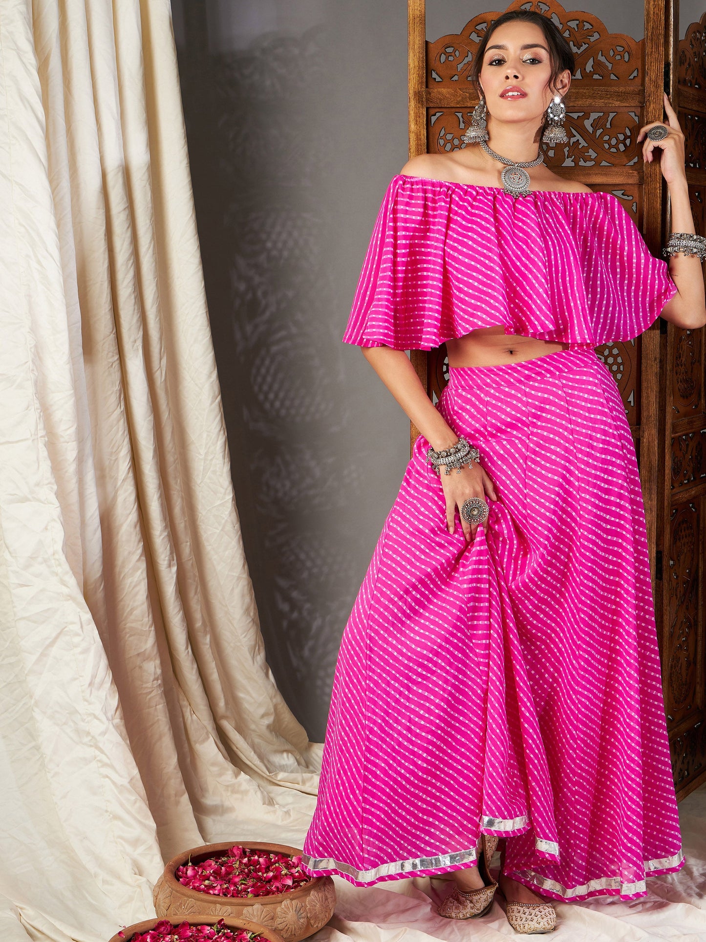 Pink Lehariya Off Shoulder Crop Top With Anarkali Skirt