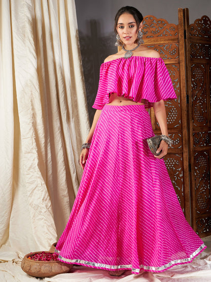 Pink Lehariya Off Shoulder Crop Top With Anarkali Skirt