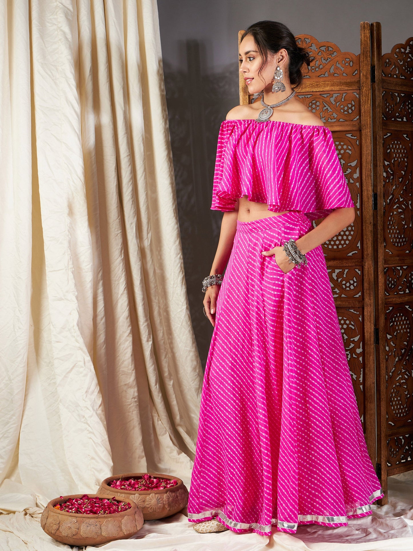 Pink Lehariya Off Shoulder Crop Top With Anarkali Skirt