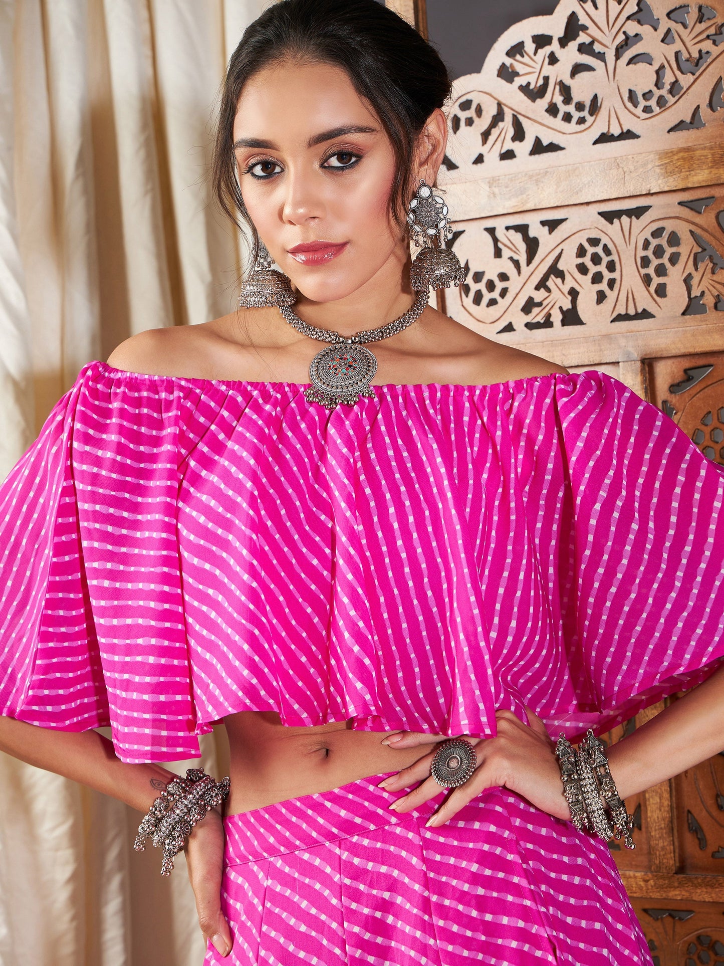Pink Lehariya Off Shoulder Crop Top With Anarkali Skirt
