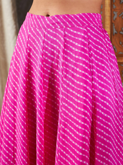 Pink Lehariya Off Shoulder Crop Top With Anarkali Skirt