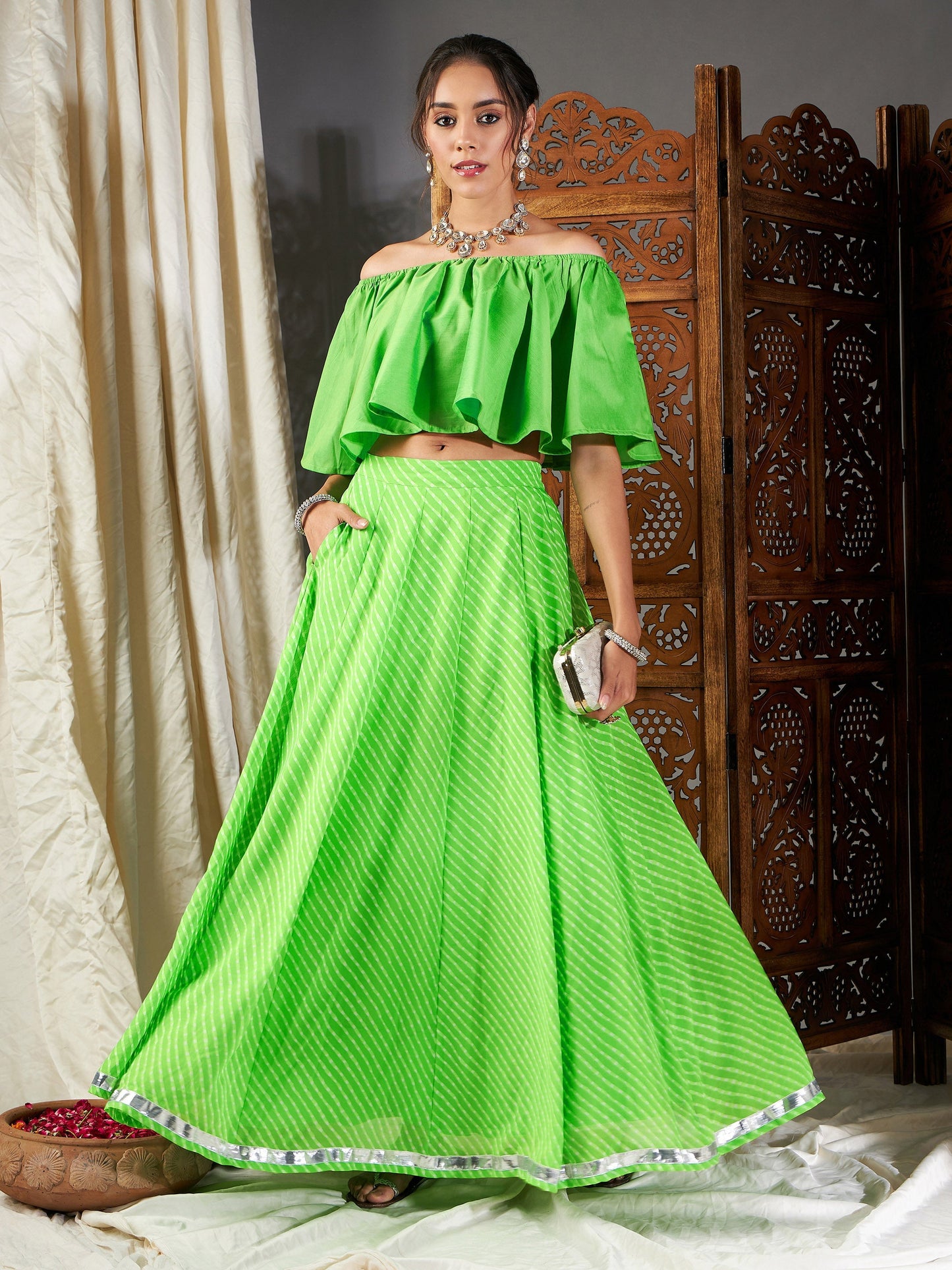 Green Lehariya Bardot Crop Top With Anarkali Skirt
