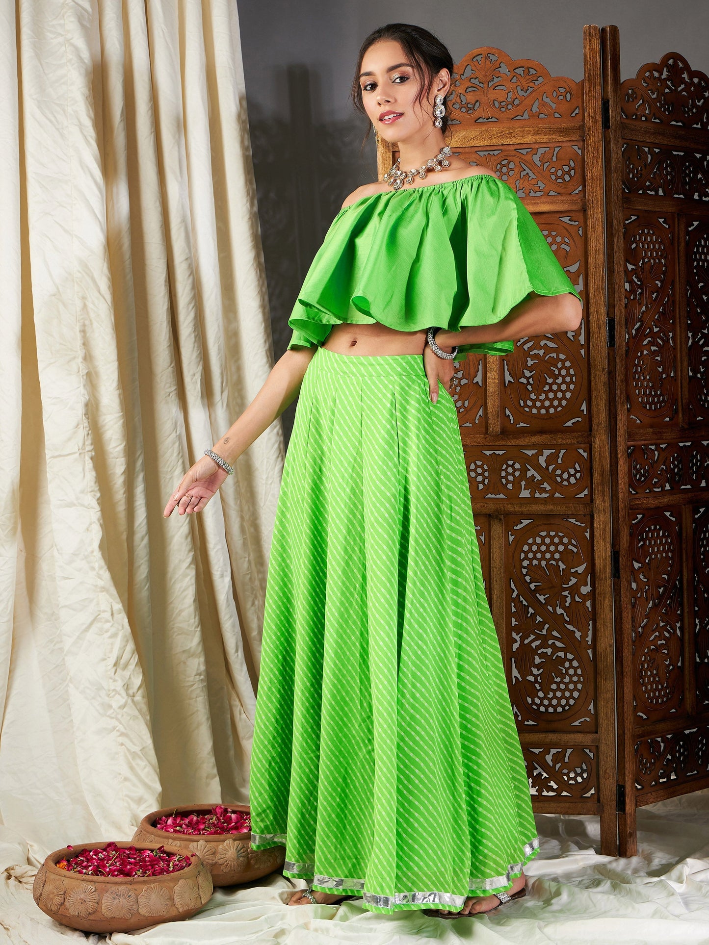 Green Lehariya Bardot Crop Top With Anarkali Skirt