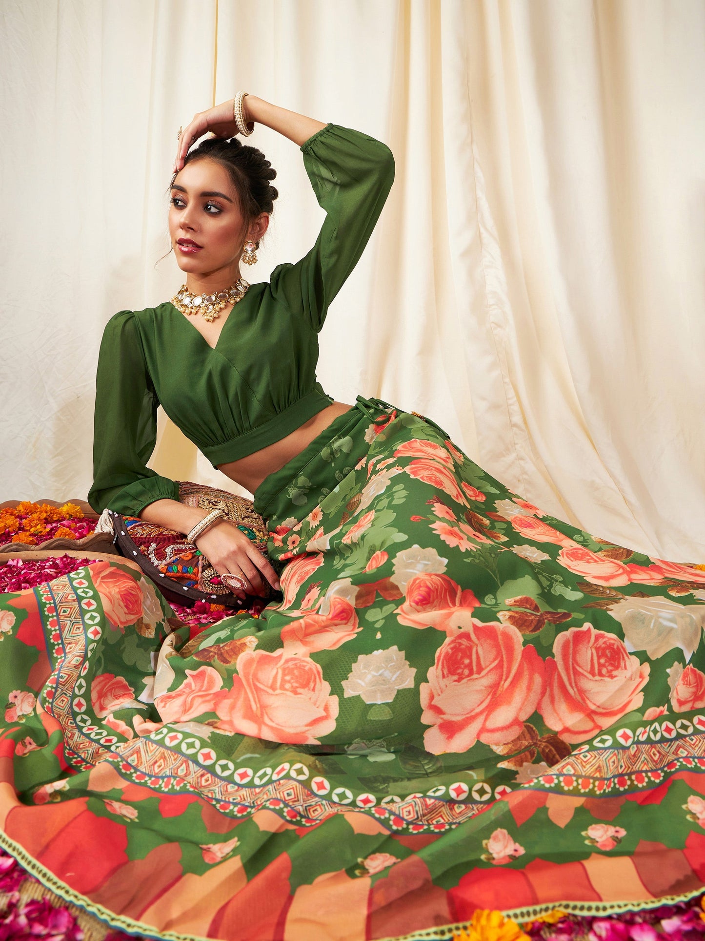 Green & Peach Floral Bias Flared Skirt With Crop Top