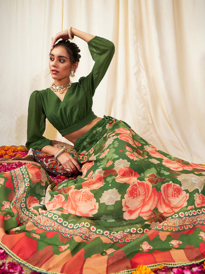 Green & Peach Floral Bias Flared Skirt With Crop Top