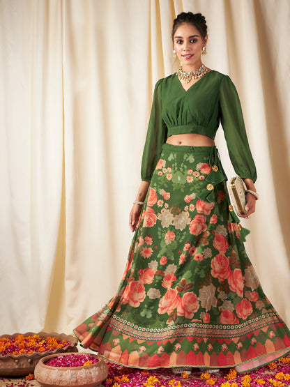 Green & Peach Floral Bias Flared Skirt With Crop Top