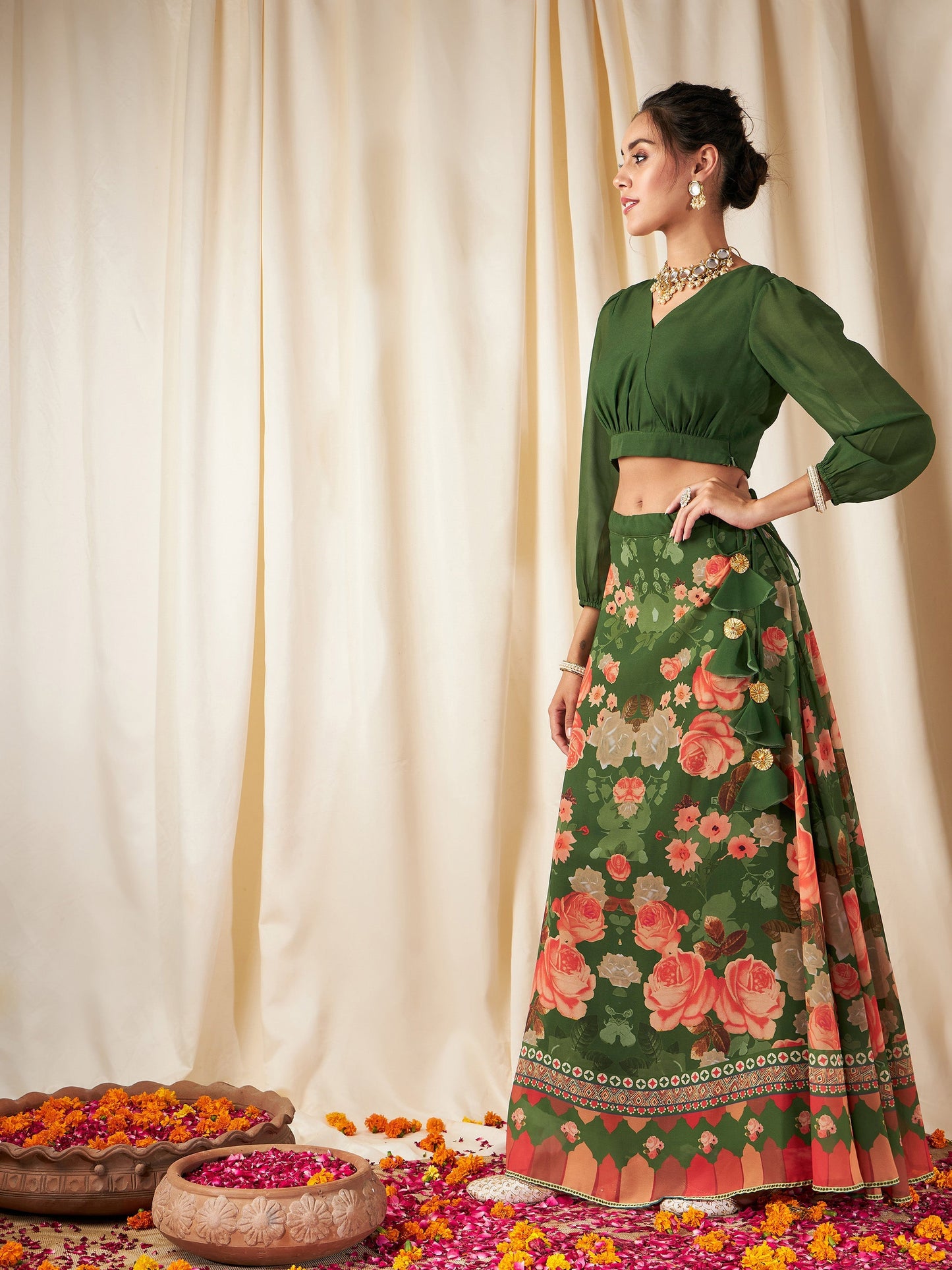 Green & Peach Floral Bias Flared Skirt With Crop Top