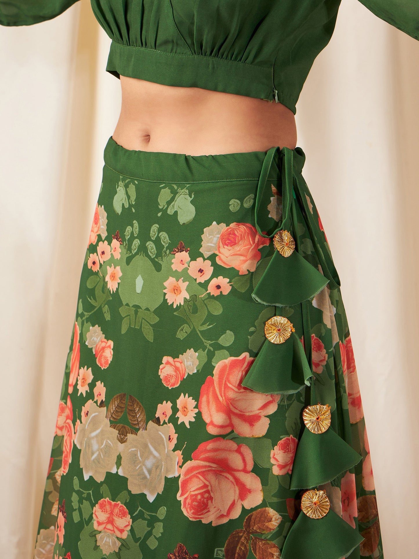 Green & Peach Floral Bias Flared Skirt With Crop Top