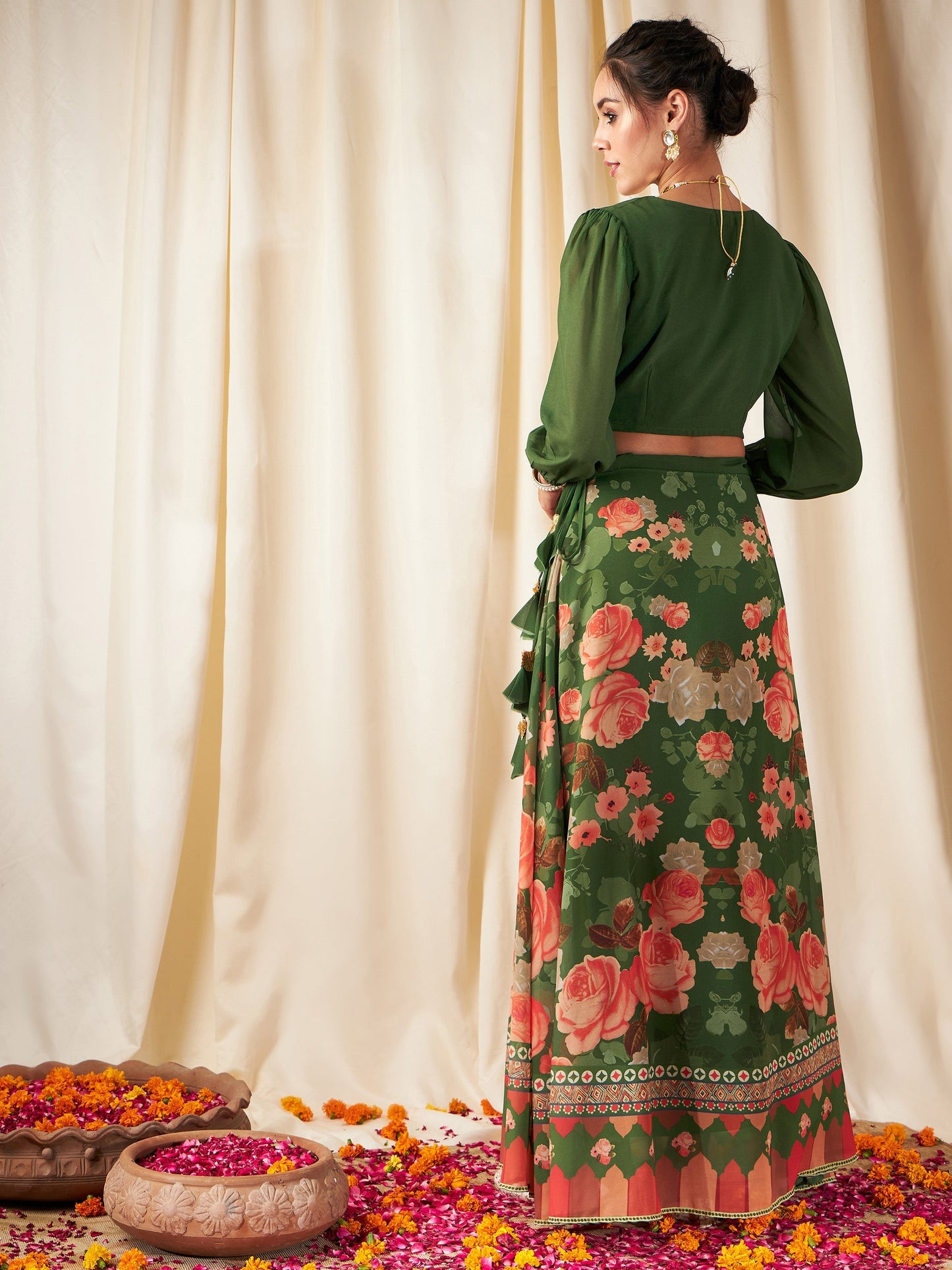 Green & Peach Floral Bias Flared Skirt With Crop Top