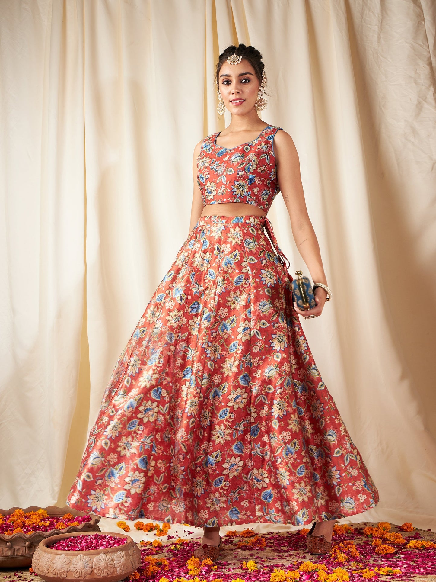 Orange Floral Anarkali Skirt With Crop Top