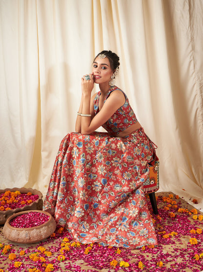 Orange Floral Anarkali Skirt With Crop Top
