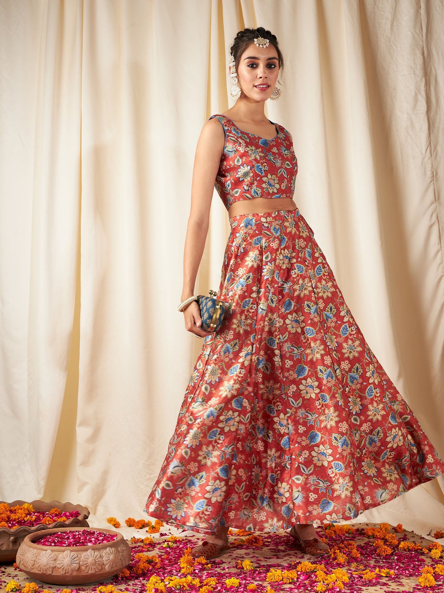 Orange Floral Anarkali Skirt With Crop Top
