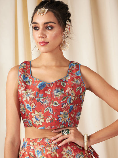 Orange Floral Anarkali Skirt With Crop Top