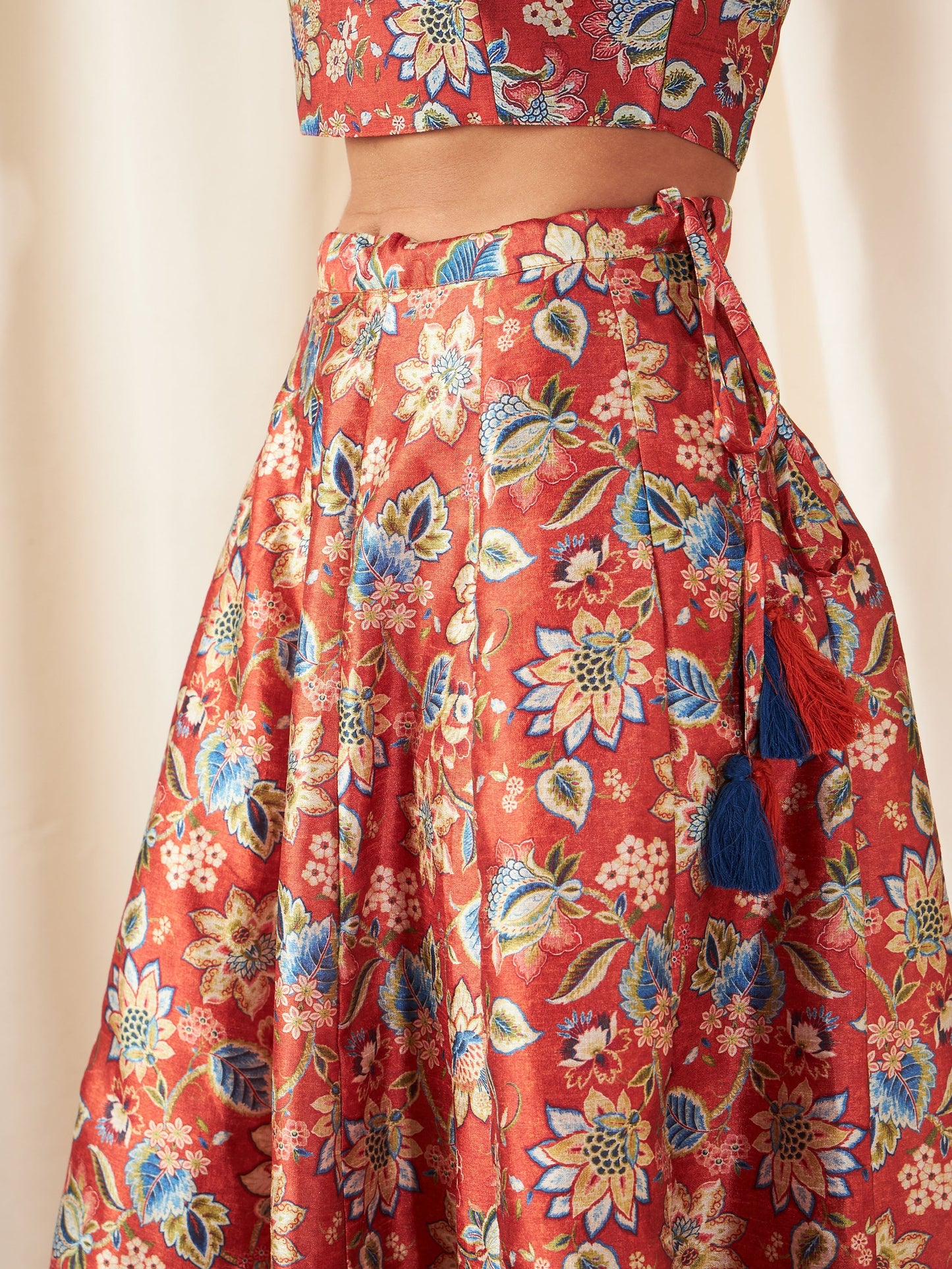 Orange Floral Anarkali Skirt With Crop Top