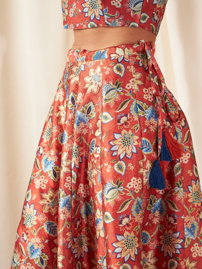 Orange Floral Anarkali Skirt With Crop Top