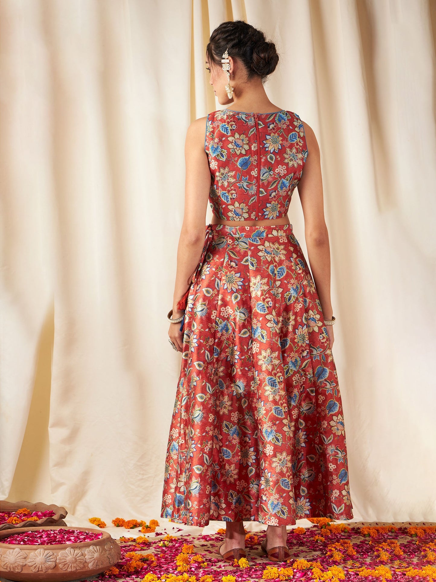 Orange Floral Anarkali Skirt With Crop Top