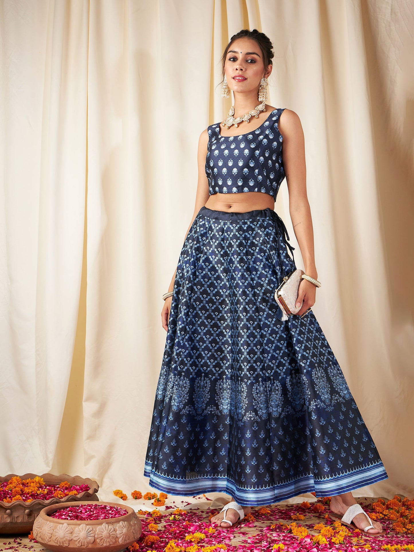 Navy Floral Anarkali Skirt With Crop Top