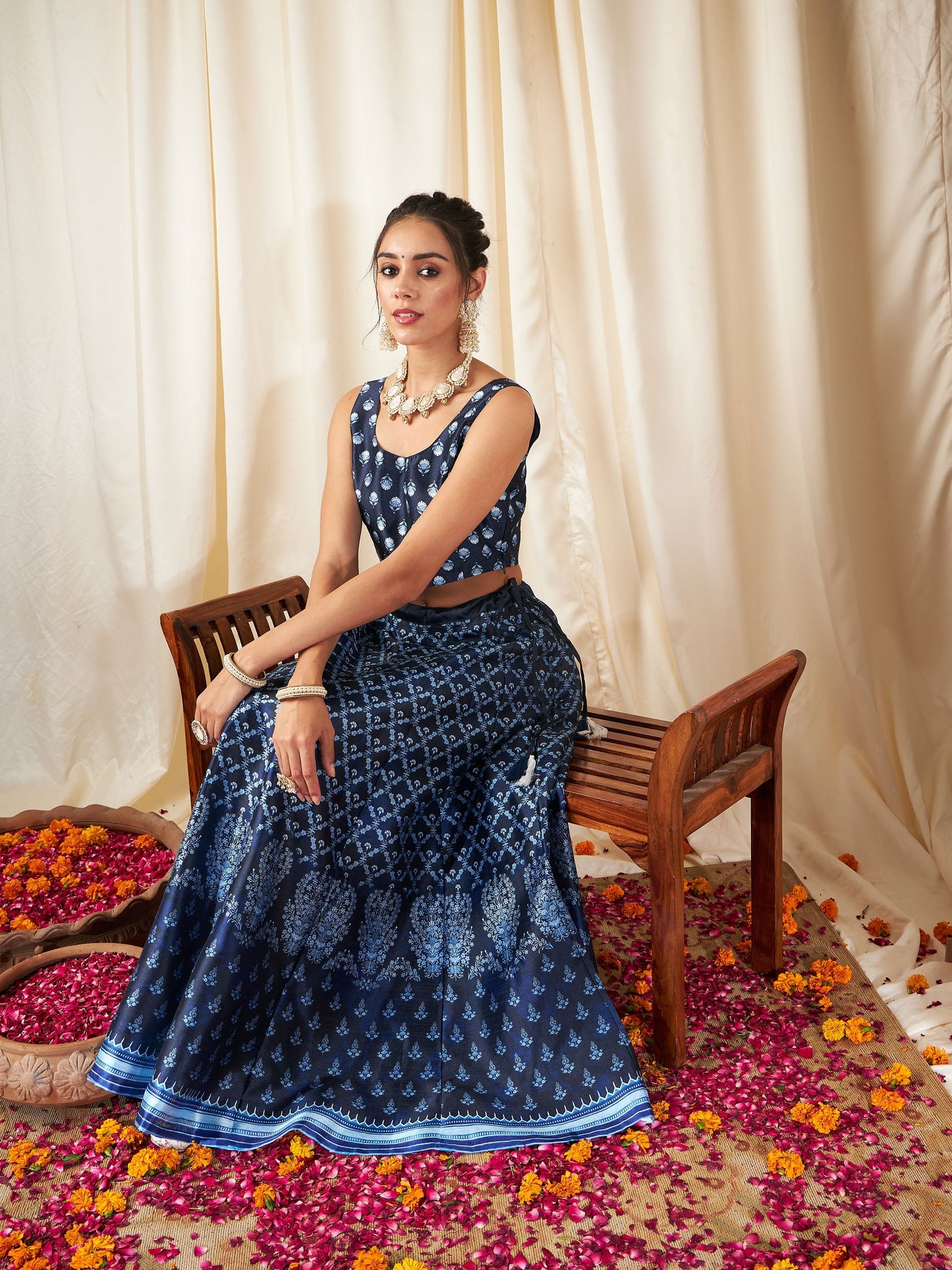 Navy Floral Anarkali Skirt With Crop Top