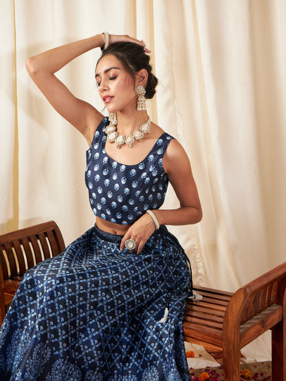 Navy Floral Anarkali Skirt With Crop Top