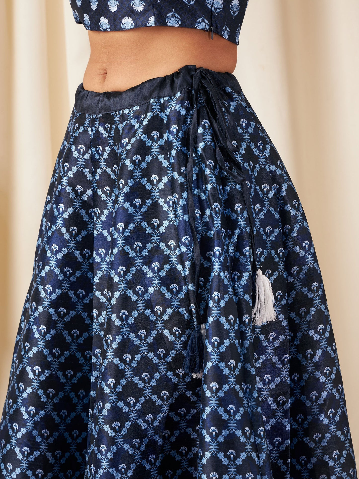 Navy Floral Anarkali Skirt With Crop Top