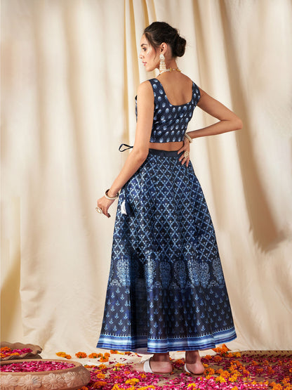 Navy Floral Anarkali Skirt With Crop Top