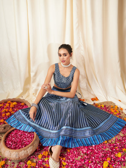 Navy Chevron Anarkali Skirt With Crop Top