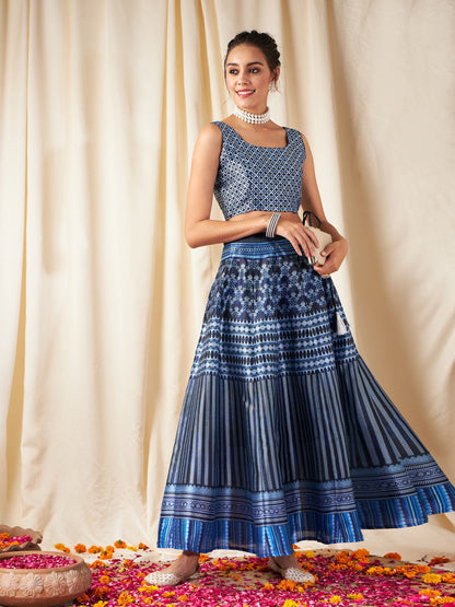 Navy Chevron Anarkali Skirt With Crop Top