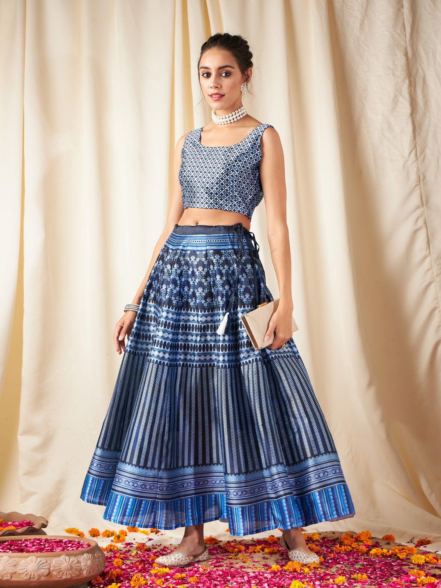 Navy Chevron Anarkali Skirt With Crop Top