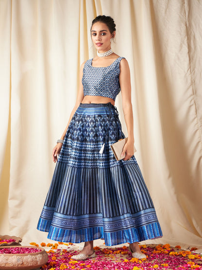 Navy Chevron Anarkali Skirt With Crop Top