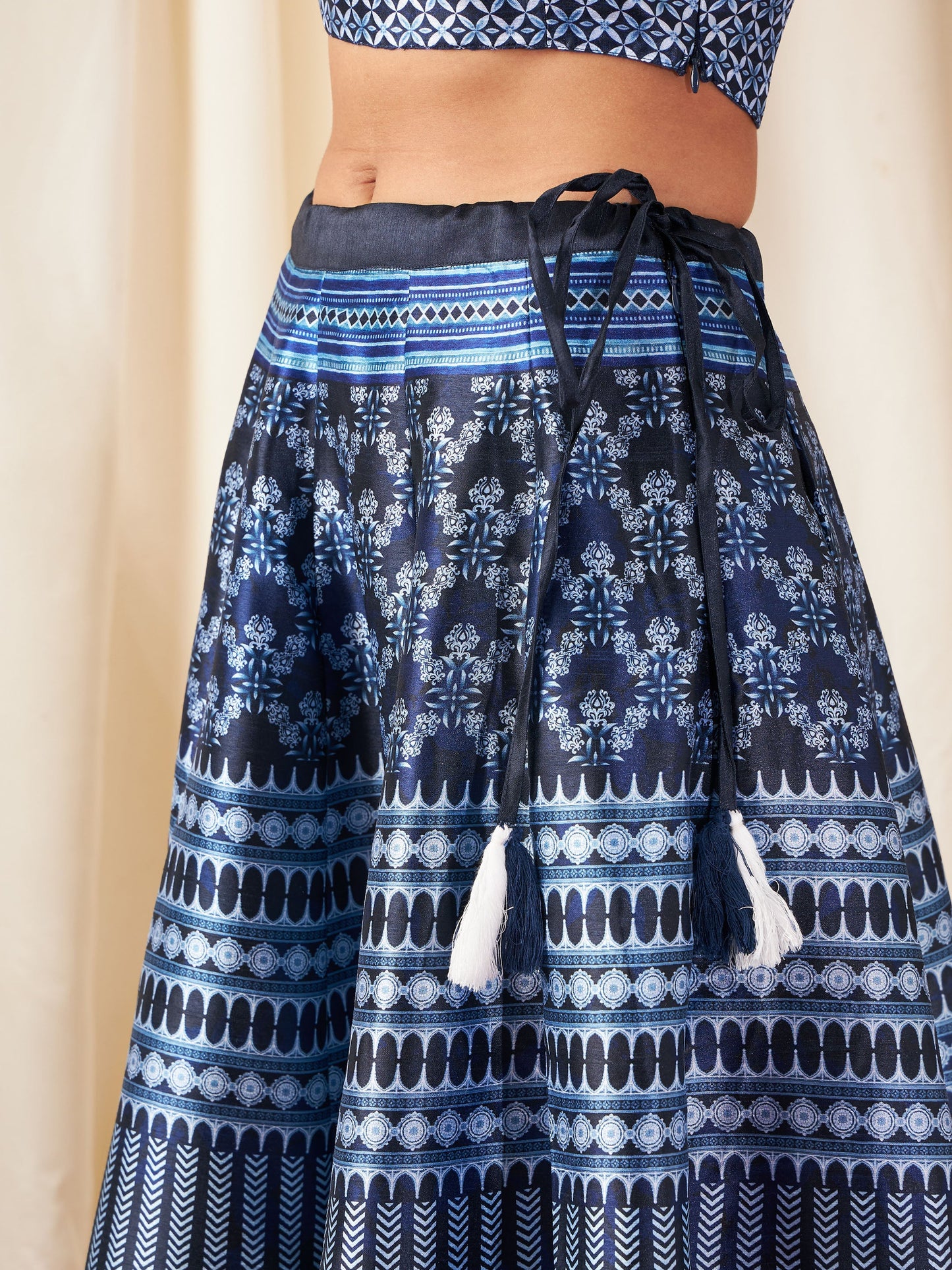 Navy Chevron Anarkali Skirt With Crop Top