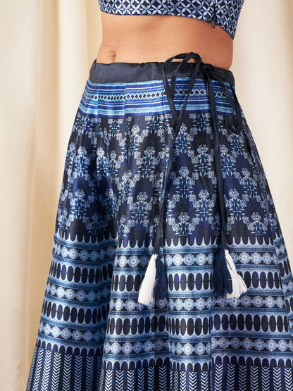 Navy Chevron Anarkali Skirt With Crop Top