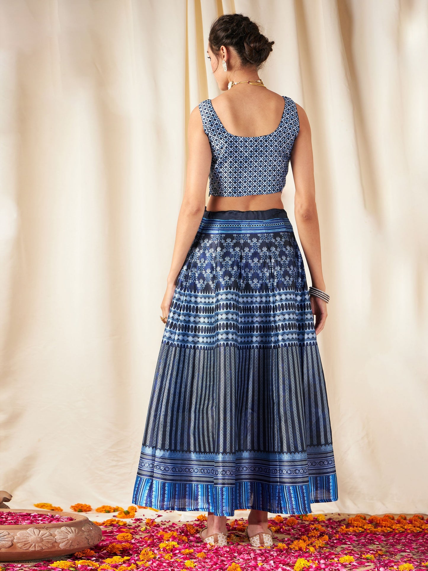 Navy Chevron Anarkali Skirt With Crop Top