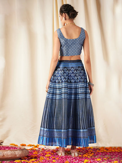 Navy Chevron Anarkali Skirt With Crop Top