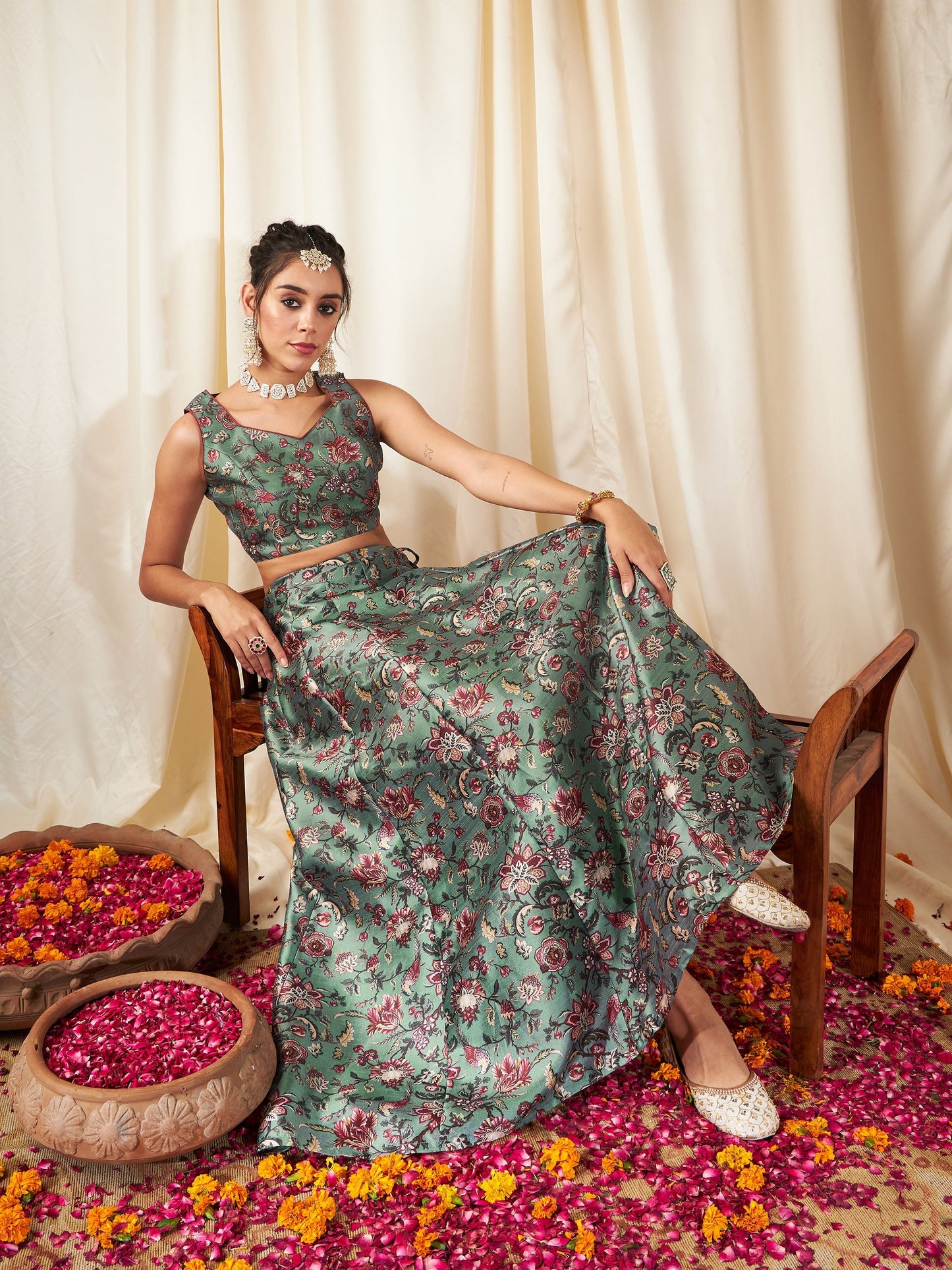 Olive Floral Anarkali Skirt With Crop Top-Shae by SASSAFRAS
