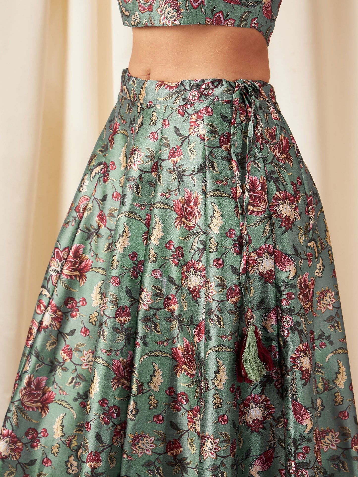 Olive Floral Anarkali Skirt With Crop Top-Shae by SASSAFRAS