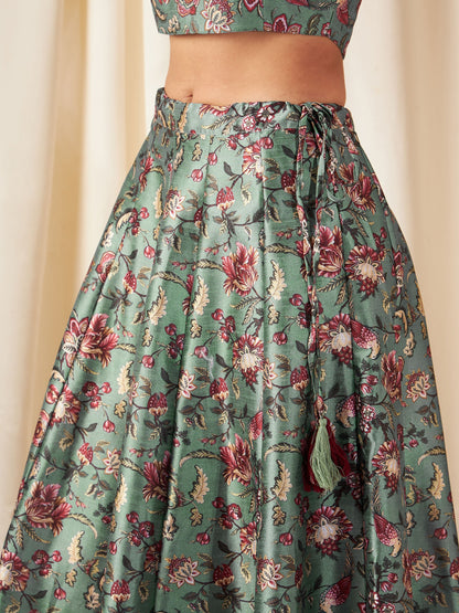 Olive Floral Anarkali Skirt With Crop Top-Shae by SASSAFRAS