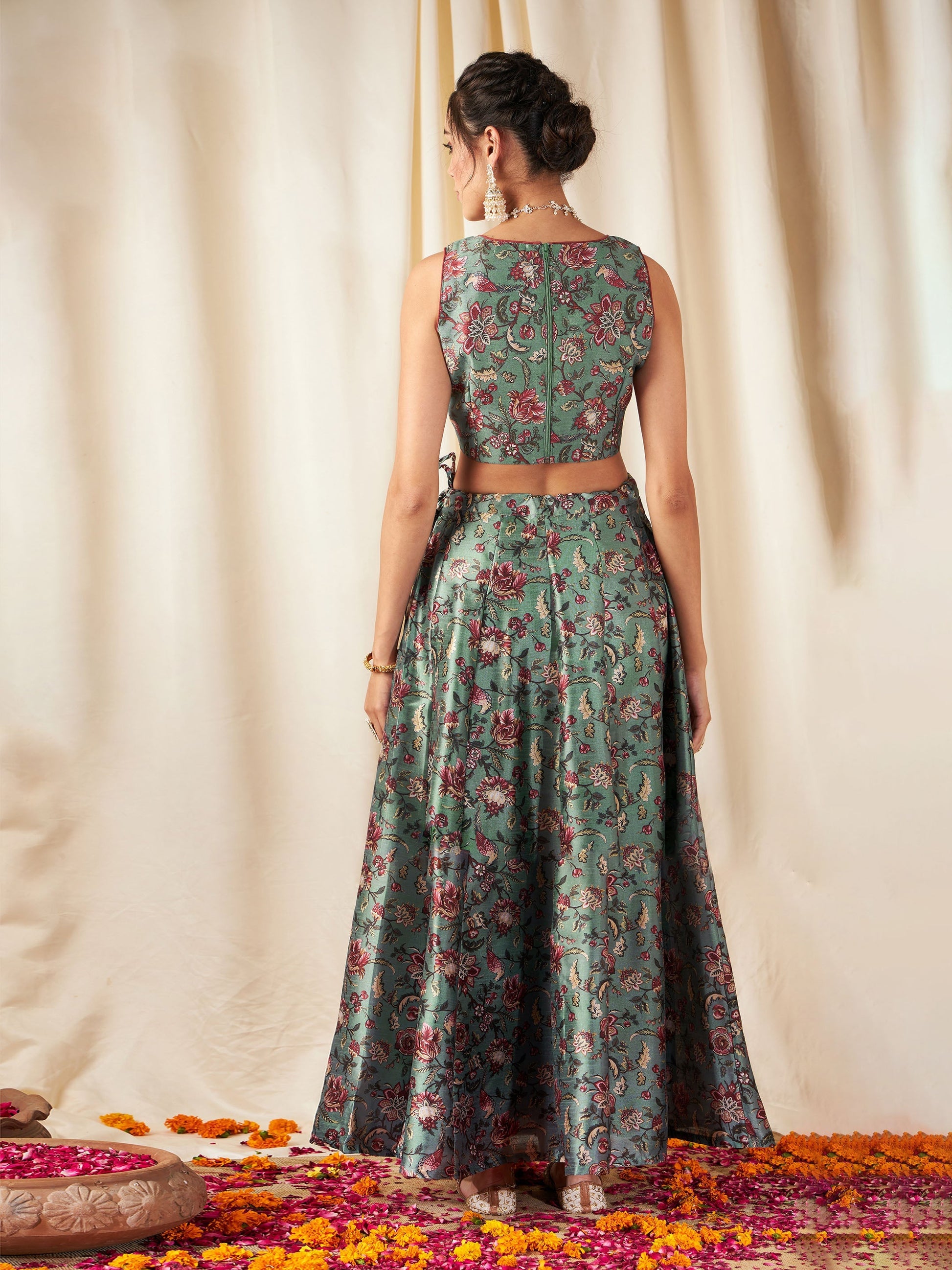 Olive Floral Anarkali Skirt With Crop Top-Shae by SASSAFRAS